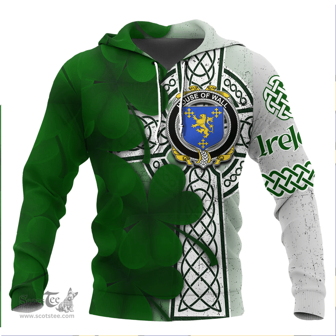 ScotsTee Shop Irish House of WALL Coat of Arms Irish Family Crest Hoodie Irish Shamrock Celtic Cross Hoodie