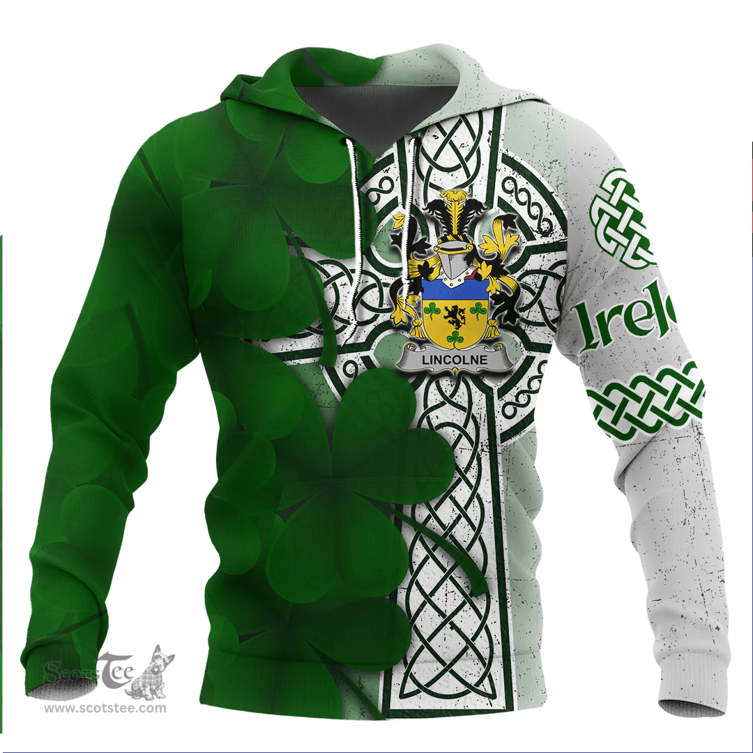 ScotsTee Shop Irish Lincolne Coat of Arms Irish Family Crest Hoodie Irish Shamrock Celtic Cross Hoodie