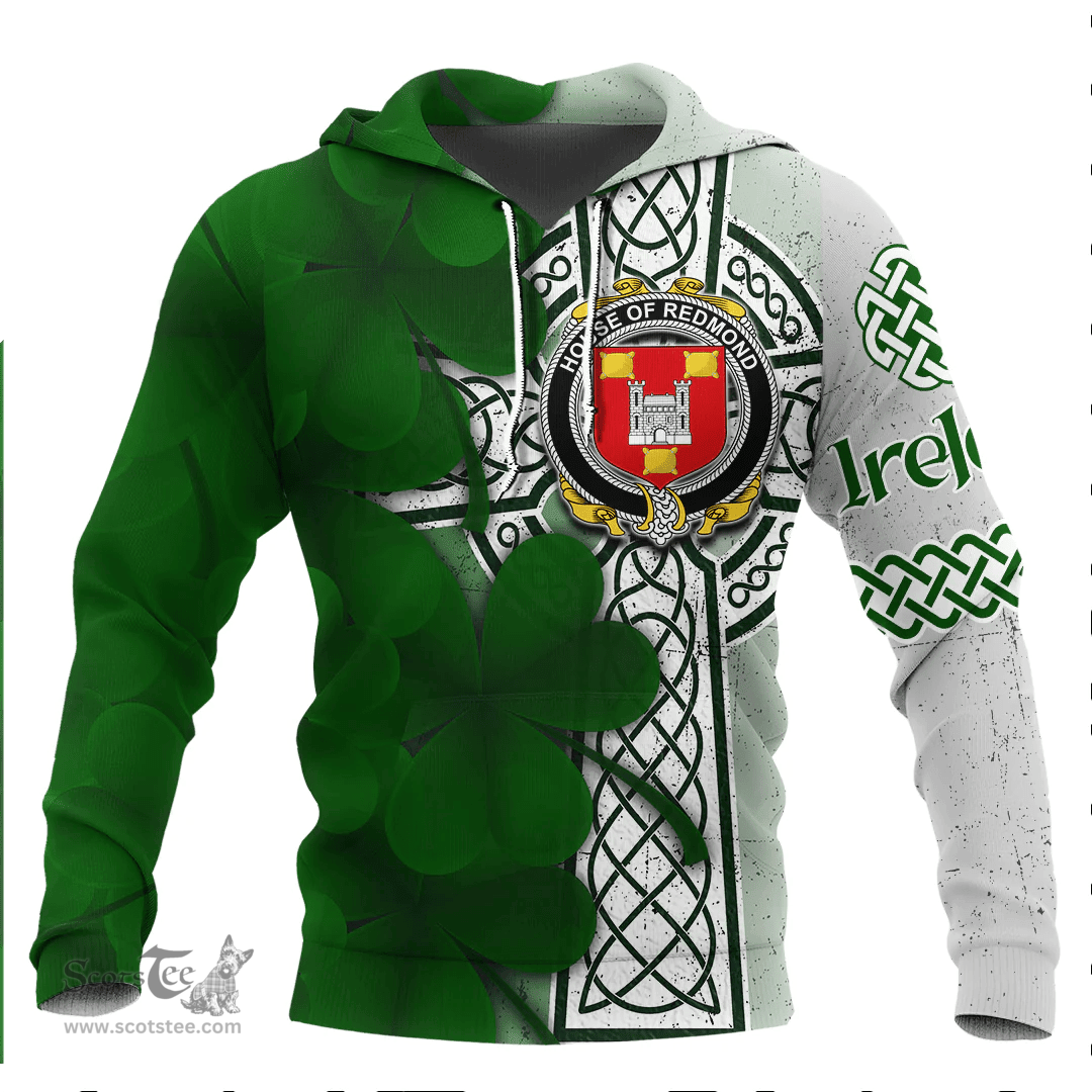 ScotsTee Shop Irish House of REDMOND Coat of Arms Irish Family Crest Hoodie Irish Shamrock Celtic Cross Hoodie