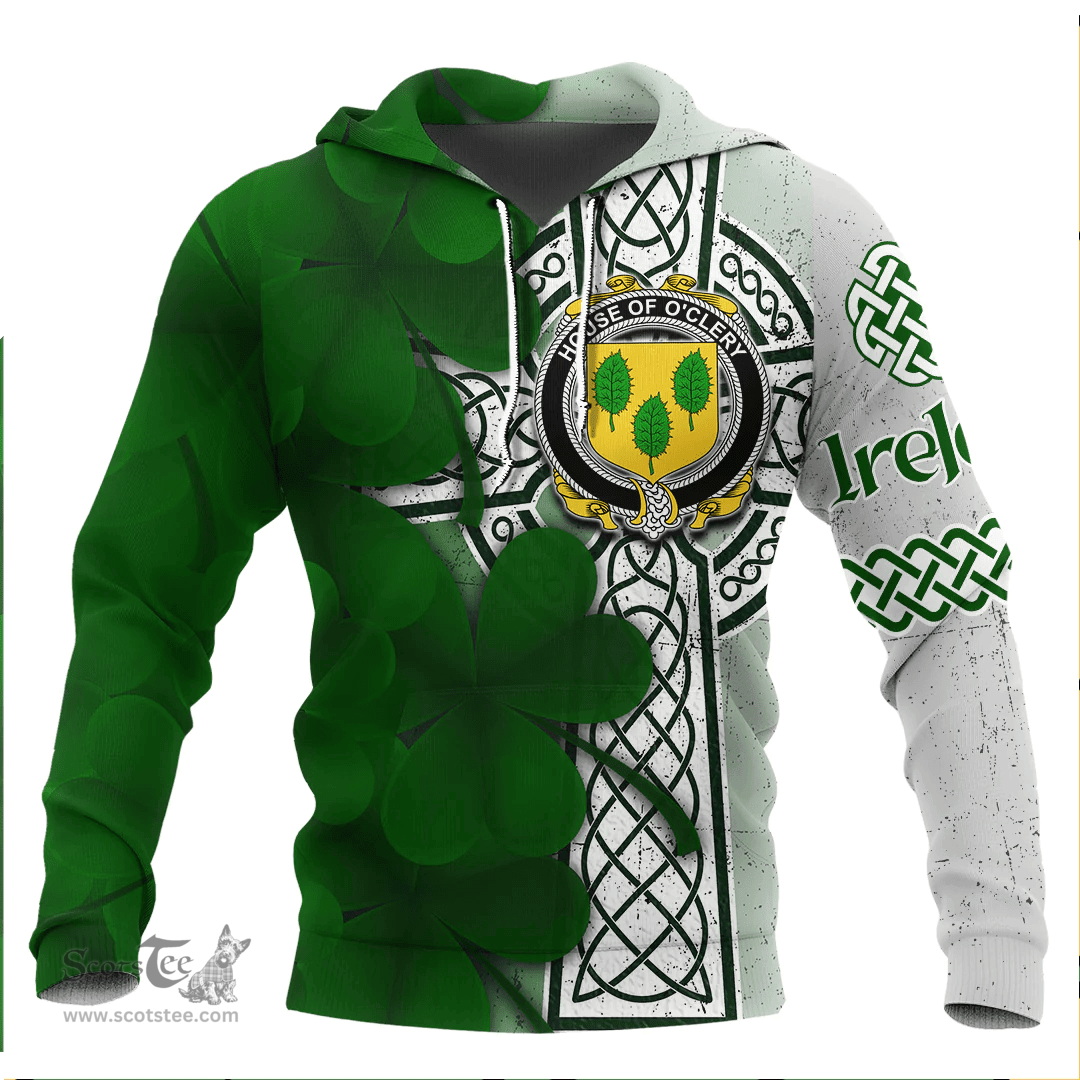 ScotsTee Shop Irish House of O CLERY Coat of Arms Irish Family Crest Hoodie Irish Shamrock Celtic Cross Hoodie