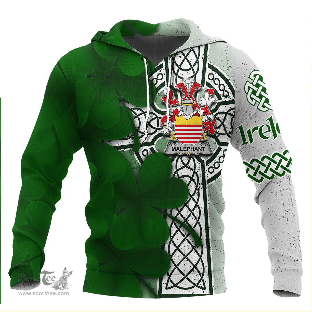ScotsTee Shop Irish Malaphant Coat of Arms Irish Family Crest Hoodie Irish Shamrock Celtic Cross Hoodie