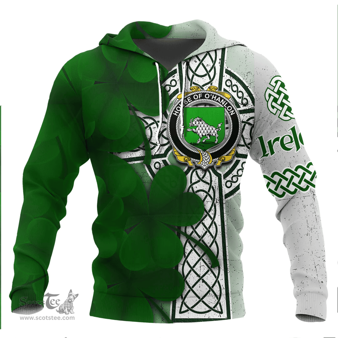 ScotsTee Shop Irish House of O HANLON Coat of Arms Irish Family Crest Hoodie Irish Shamrock Celtic Cross Hoodie