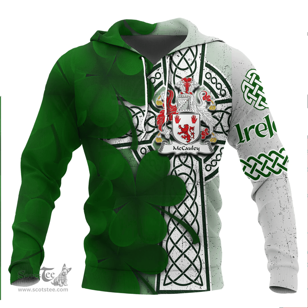 ScotsTee Shop Irish McCauley Coat of Arms Irish Family Crest Hoodie Irish Shamrock Celtic Cross Hoodie
