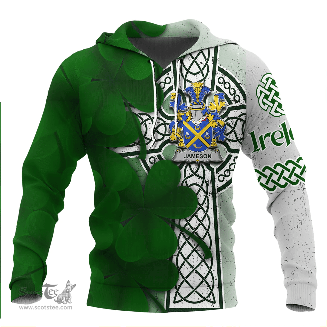 ScotsTee Shop Irish Jameson Coat of Arms Irish Family Crest Hoodie Irish Shamrock Celtic Cross Hoodie