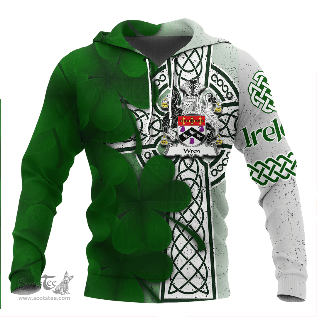 ScotsTee Shop Irish Wren or Wrenn Coat of Arms Irish Family Crest Hoodie Irish Shamrock Celtic Cross Hoodie