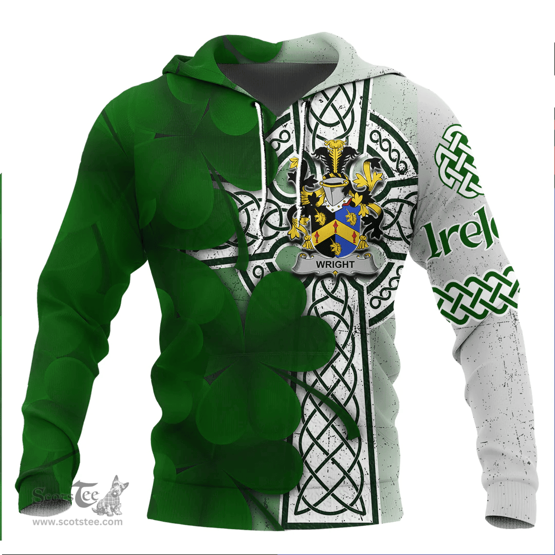 ScotsTee Shop Irish Wright Coat of Arms Irish Family Crest Hoodie Irish Shamrock Celtic Cross Hoodie