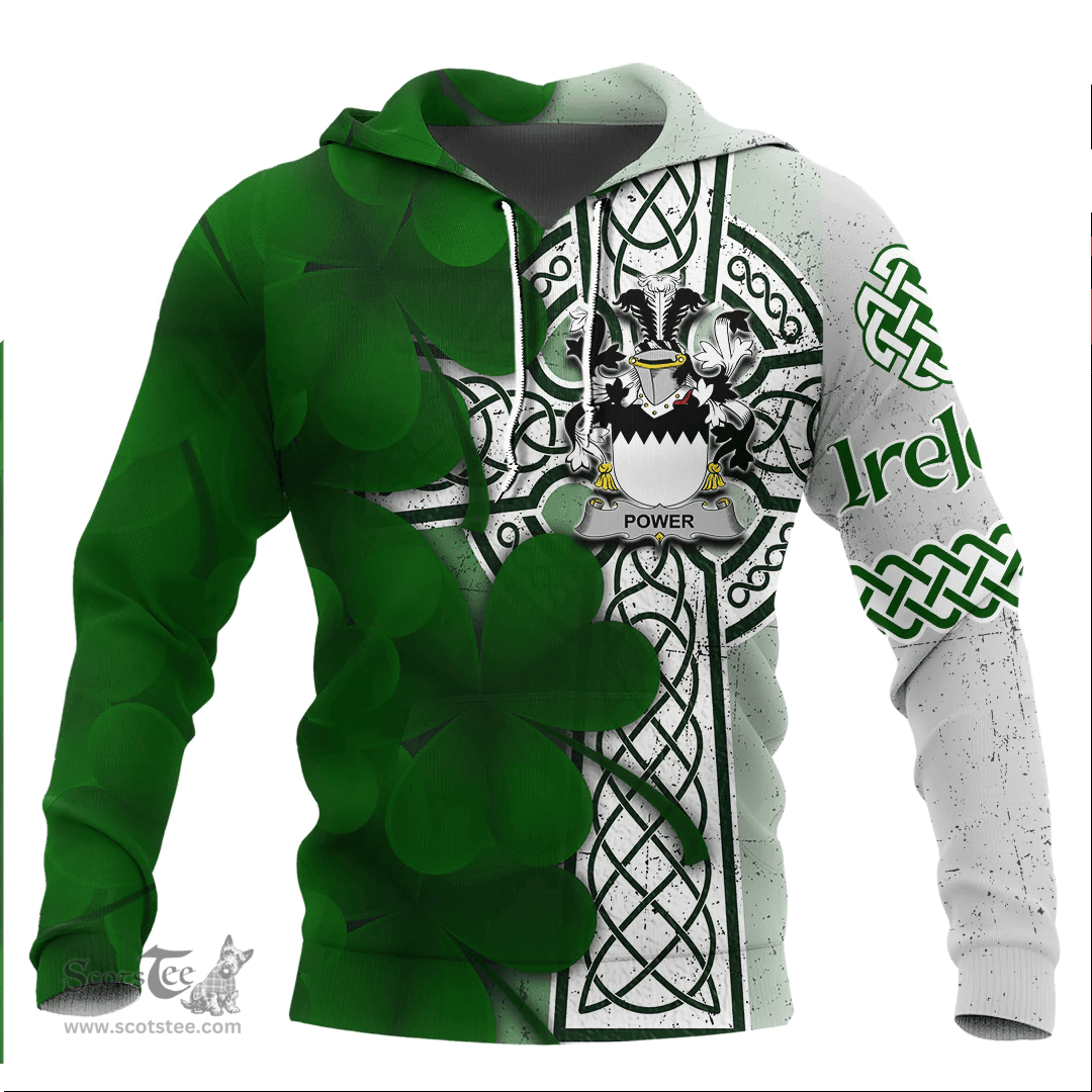 ScotsTee Shop Irish Power Coat of Arms Irish Family Crest Hoodie Irish Shamrock Celtic Cross Hoodie