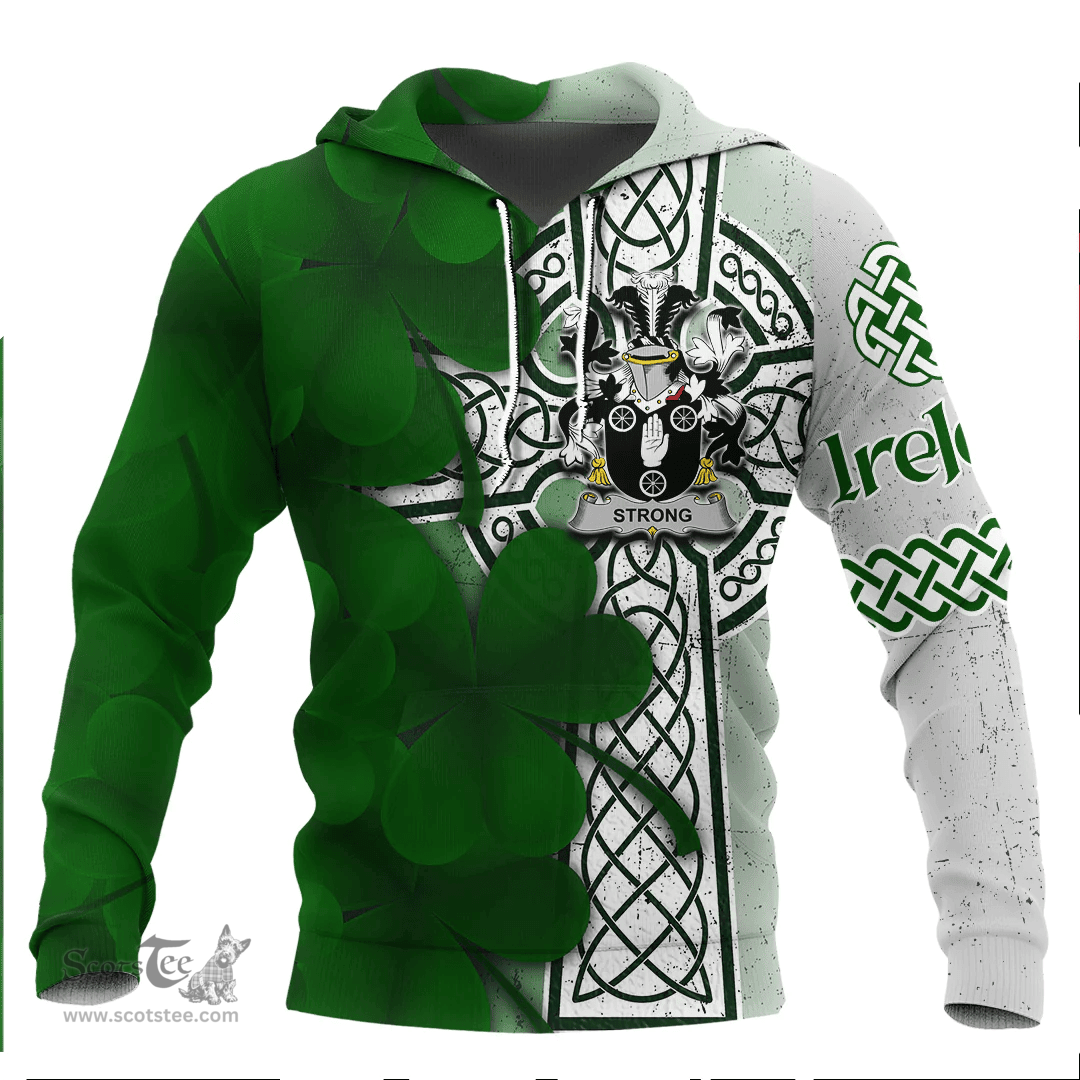 ScotsTee Shop Irish Strong Coat of Arms Irish Family Crest Hoodie Irish Shamrock Celtic Cross Hoodie
