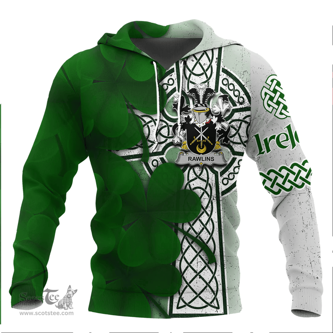 ScotsTee Shop Irish Rawlins Coat of Arms Irish Family Crest Hoodie Irish Shamrock Celtic Cross Hoodie