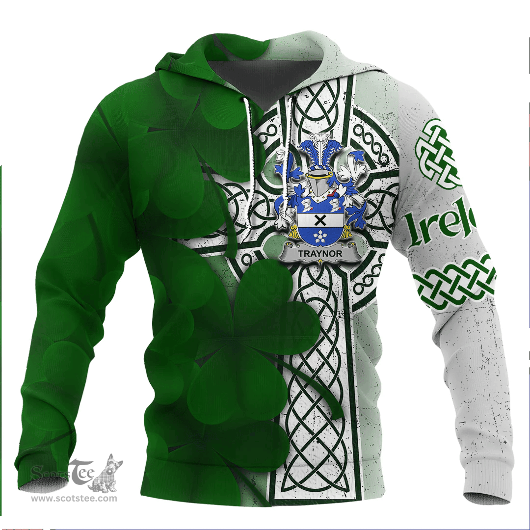 ScotsTee Shop Irish Traynor or Trainer Coat of Arms Irish Family Crest Hoodie Irish Shamrock Celtic Cross Hoodie