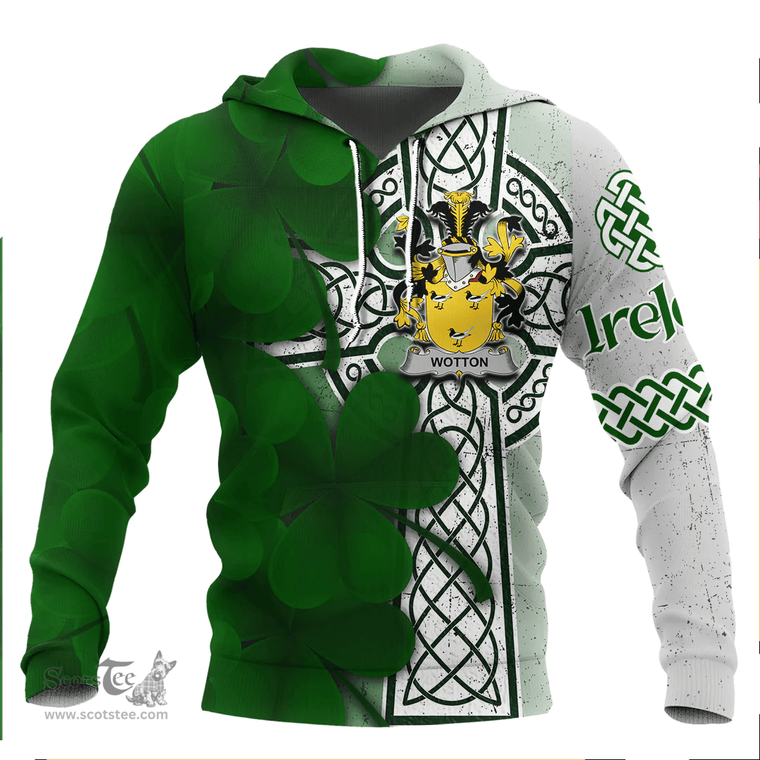 ScotsTee Shop Irish Wotton Coat of Arms Irish Family Crest Hoodie Irish Shamrock Celtic Cross Hoodie