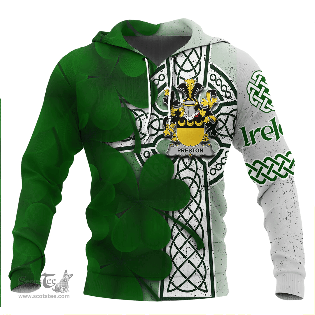 ScotsTee Shop Irish Preston Coat of Arms Irish Family Crest Hoodie Irish Shamrock Celtic Cross Hoodie