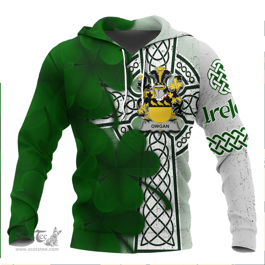 ScotsTee Shop Irish Owgan Coat of Arms Irish Family Crest Hoodie Irish Shamrock Celtic Cross Hoodie