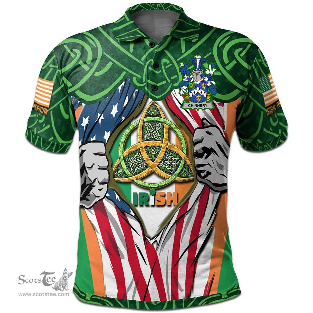 ScotsTee Shop Irish Chinnery Family Crest Irish American Flag Polo Shirt Irish Roots Polo Shirt