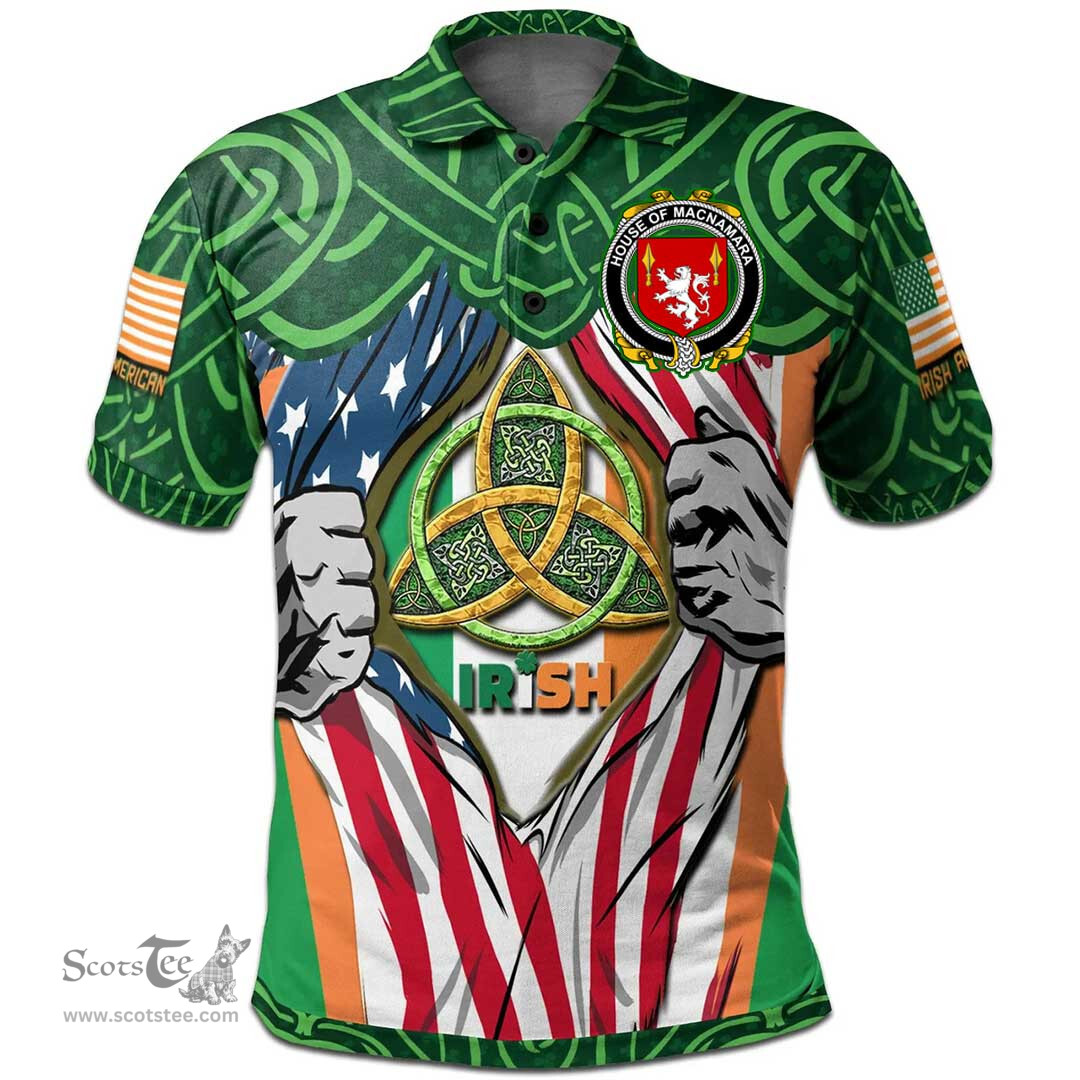 ScotsTee Shop Irish House of MACNAMARA Family Crest Irish American Flag Polo Shirt Irish Roots Polo Shirt