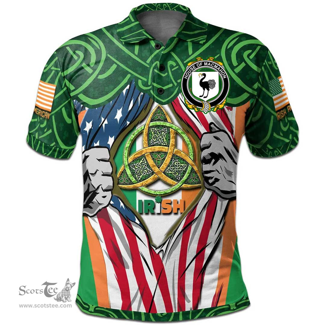 ScotsTee Shop Irish House of MACMAHON (Oriel) Family Crest Irish American Flag Polo Shirt Irish Roots Polo Shirt
