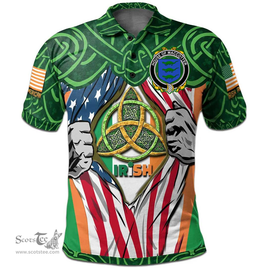 ScotsTee Shop Irish House of MACCOTTER Family Crest Irish American Flag Polo Shirt Irish Roots Polo Shirt