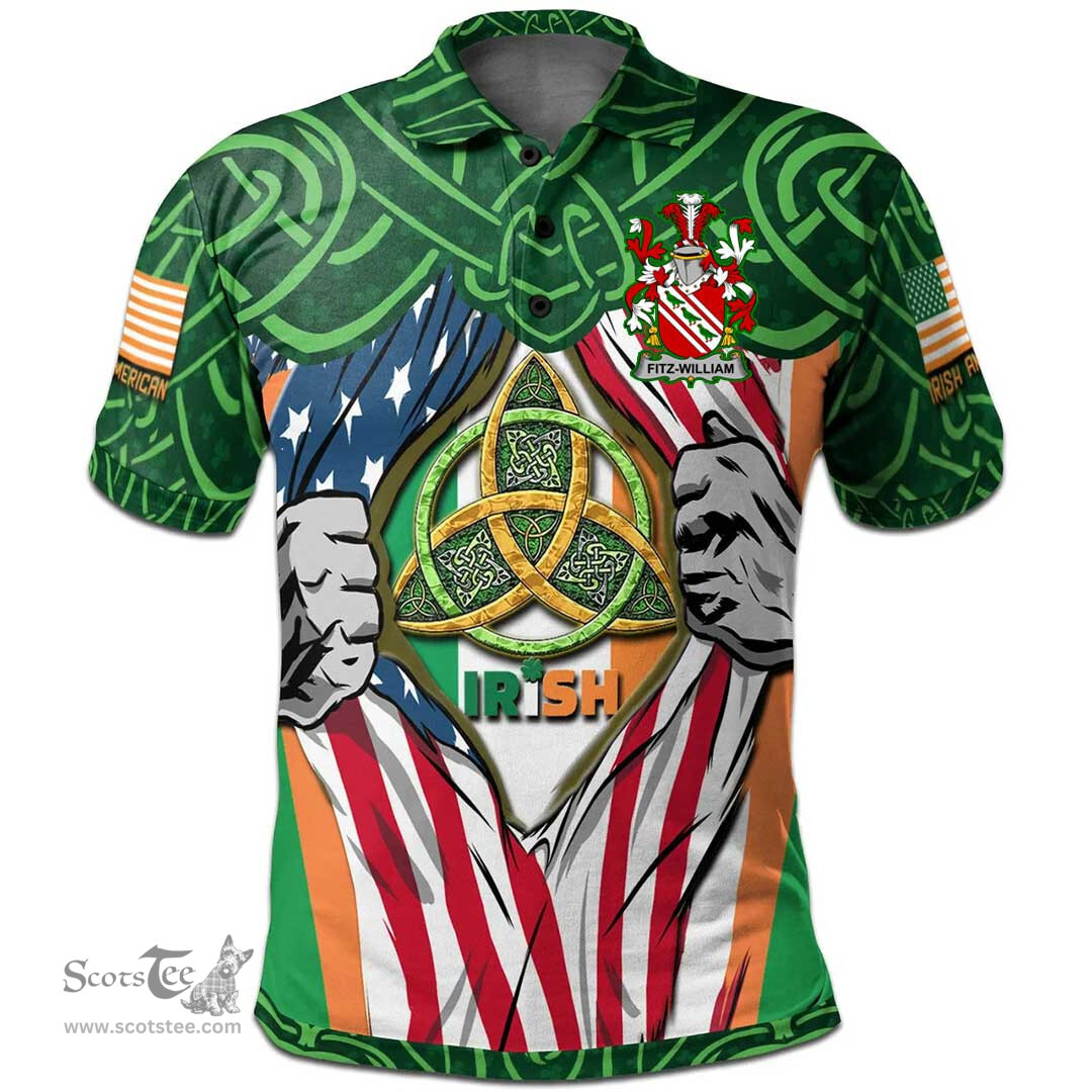 ScotsTee Shop Irish Fitz-William Family Crest Irish American Flag Polo Shirt Irish Roots Polo Shirt