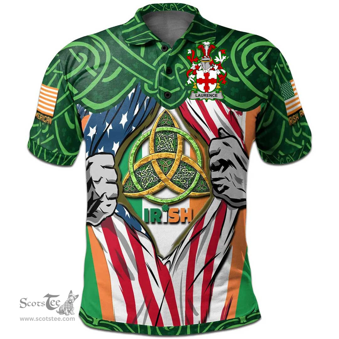 ScotsTee Shop Irish Laurence Family Crest Irish American Flag Polo Shirt Irish Roots Polo Shirt