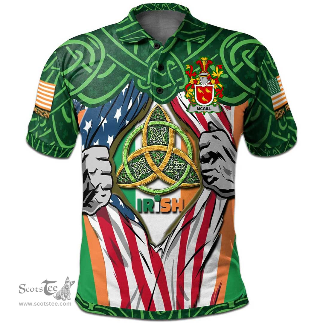 ScotsTee Shop Irish McGill Family Crest Irish American Flag Polo Shirt Irish Roots Polo Shirt