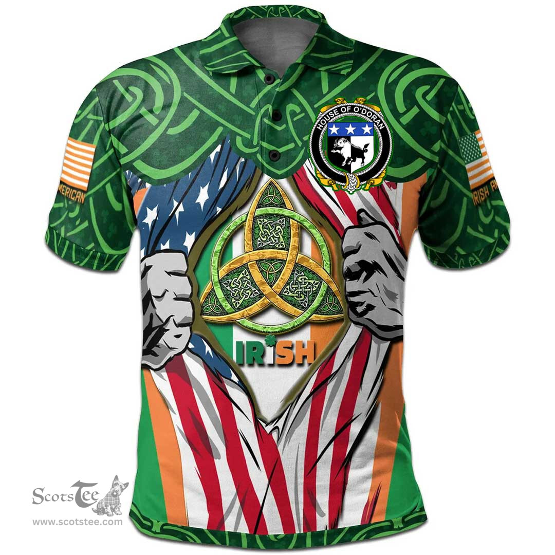 ScotsTee Shop Irish House of O'DORAN Family Crest Irish American Flag Polo Shirt Irish Roots Polo Shirt