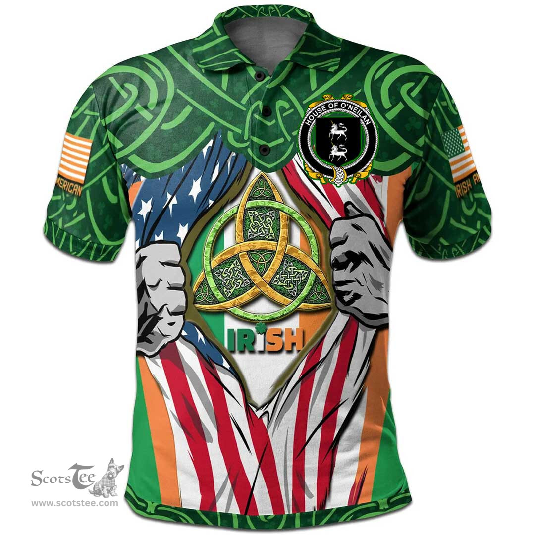 ScotsTee Shop Irish House of O'NEILAN Family Crest Irish American Flag Polo Shirt Irish Roots Polo Shirt