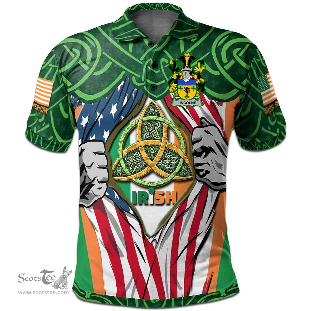 ScotsTee Shop Irish Lincolne Family Crest Irish American Flag Polo Shirt Irish Roots Polo Shirt