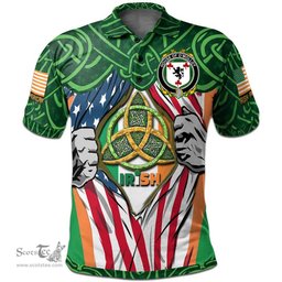ScotsTee Shop Irish House of O'MOLLOY Family Crest Irish American Flag Polo Shirt Irish Roots Polo Shirt