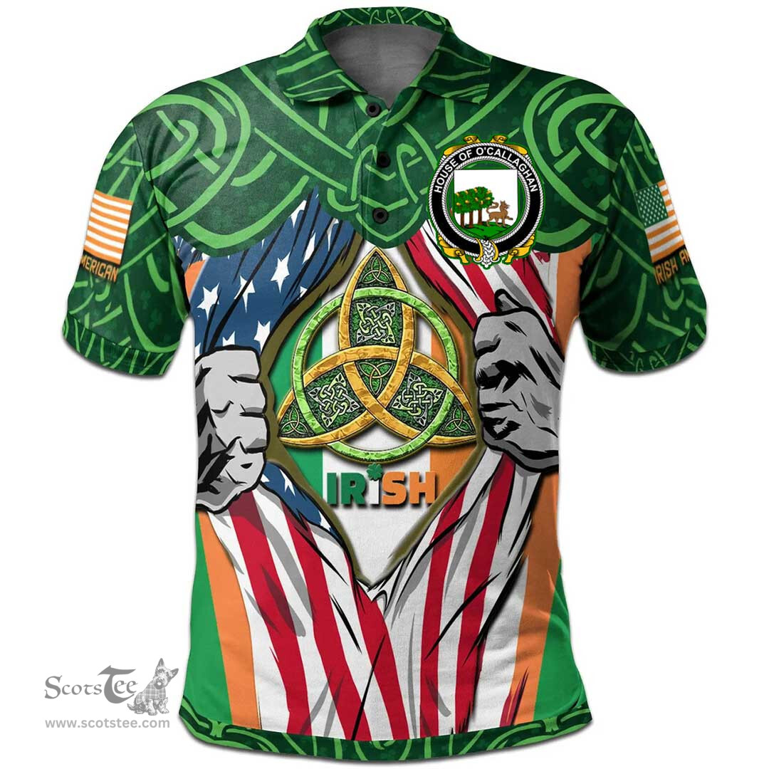 ScotsTee Shop Irish House of O'CALLAGHAN Family Crest Irish American Flag Polo Shirt Irish Roots Polo Shirt