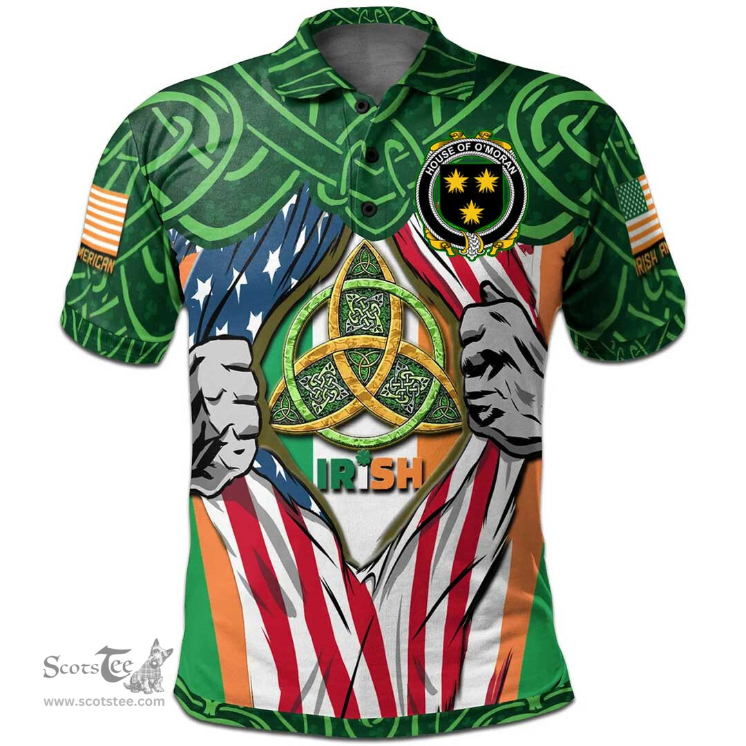 ScotsTee Shop Irish House of O'MORAN Family Crest Irish American Flag Polo Shirt Irish Roots Polo Shirt