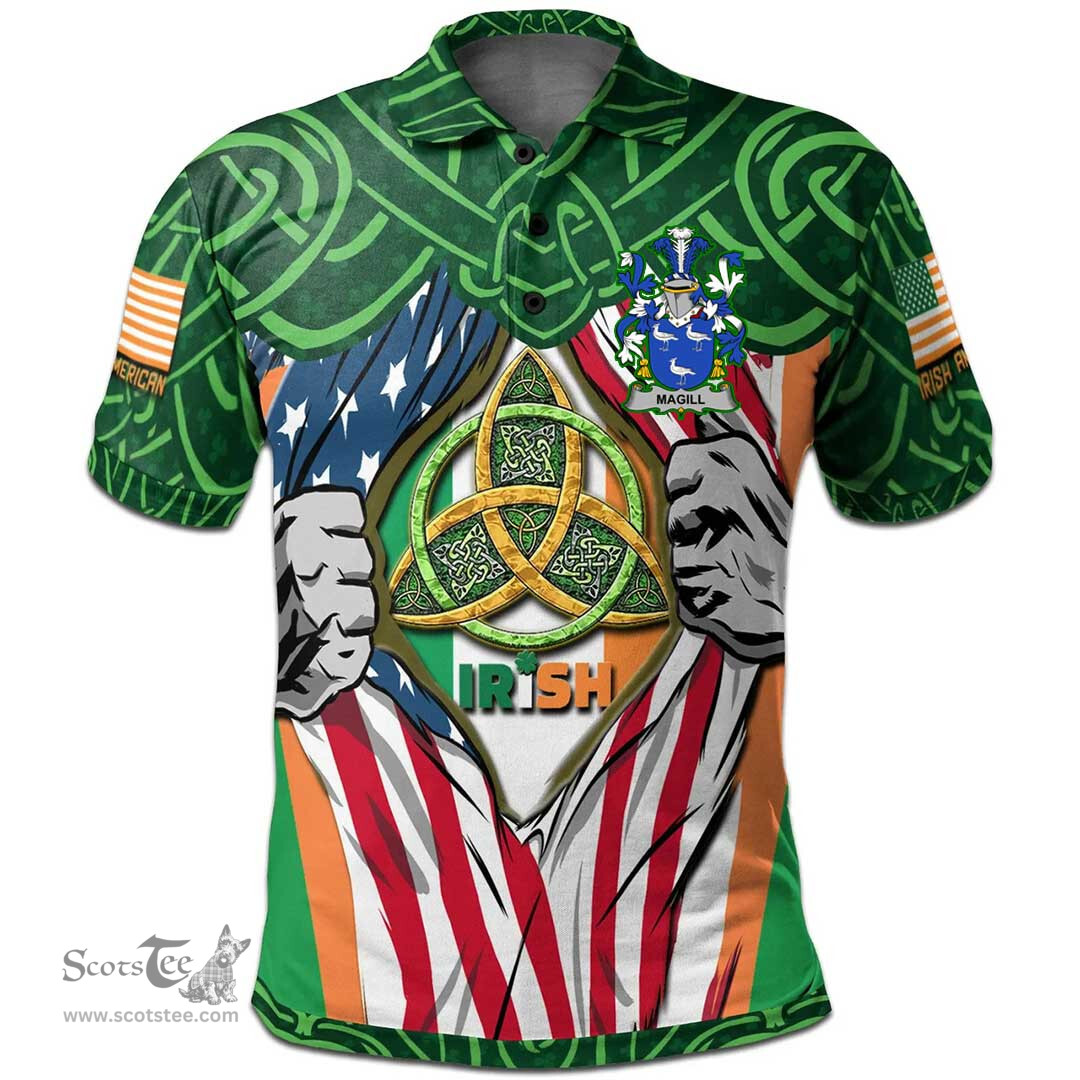 ScotsTee Shop Irish Magill Family Crest Irish American Flag Polo Shirt Irish Roots Polo Shirt