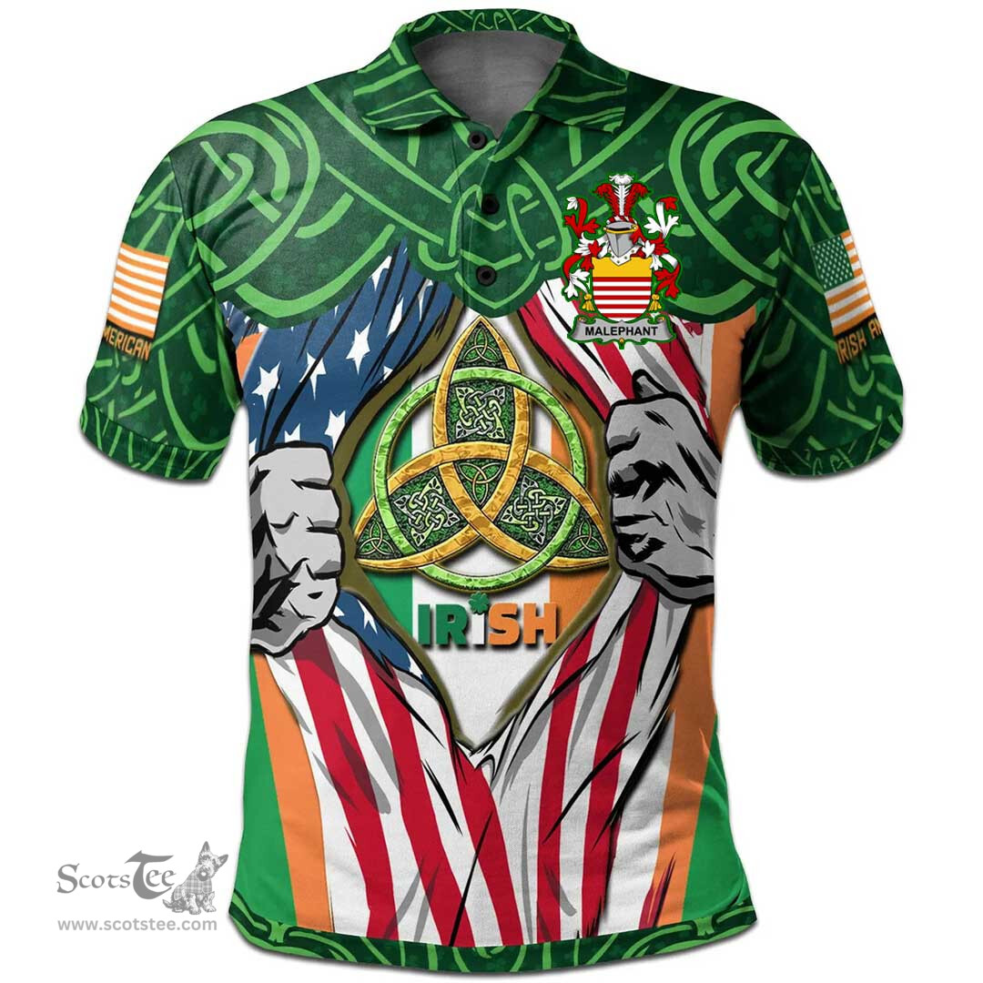 ScotsTee Shop Irish Malaphant Family Crest Irish American Flag Polo Shirt Irish Roots Polo Shirt