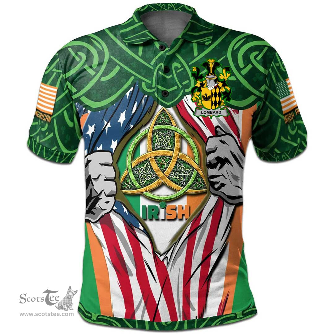 ScotsTee Shop Irish Lombard Family Crest Irish American Flag Polo Shirt Irish Roots Polo Shirt