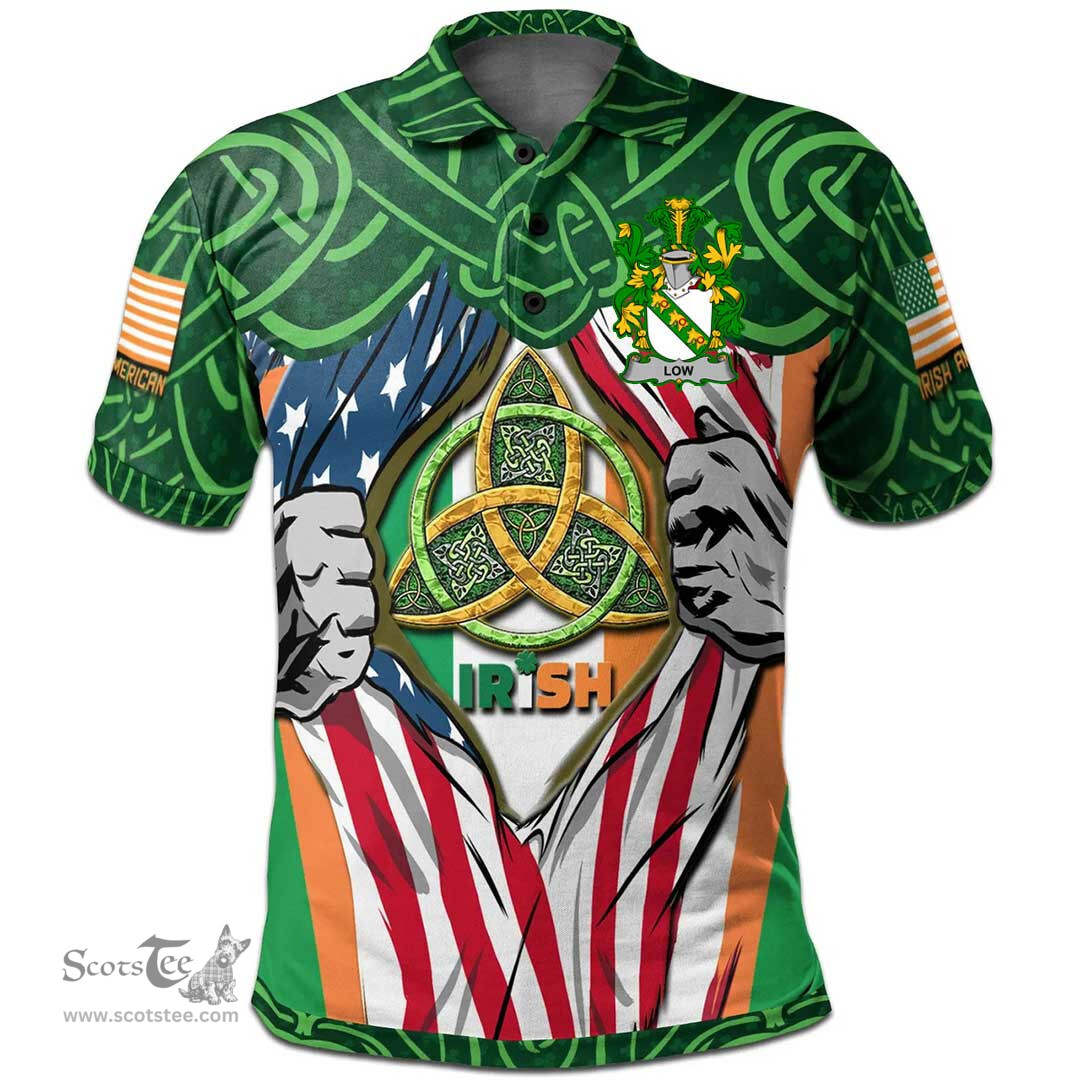 ScotsTee Shop Irish Low Family Crest Irish American Flag Polo Shirt Irish Roots Polo Shirt