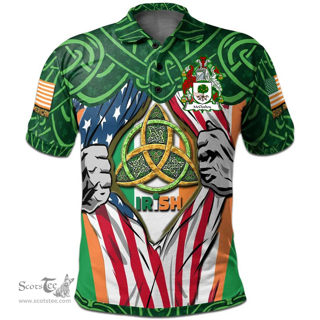 ScotsTee Shop Irish McCluskey Family Crest Irish American Flag Polo Shirt Irish Roots Polo Shirt