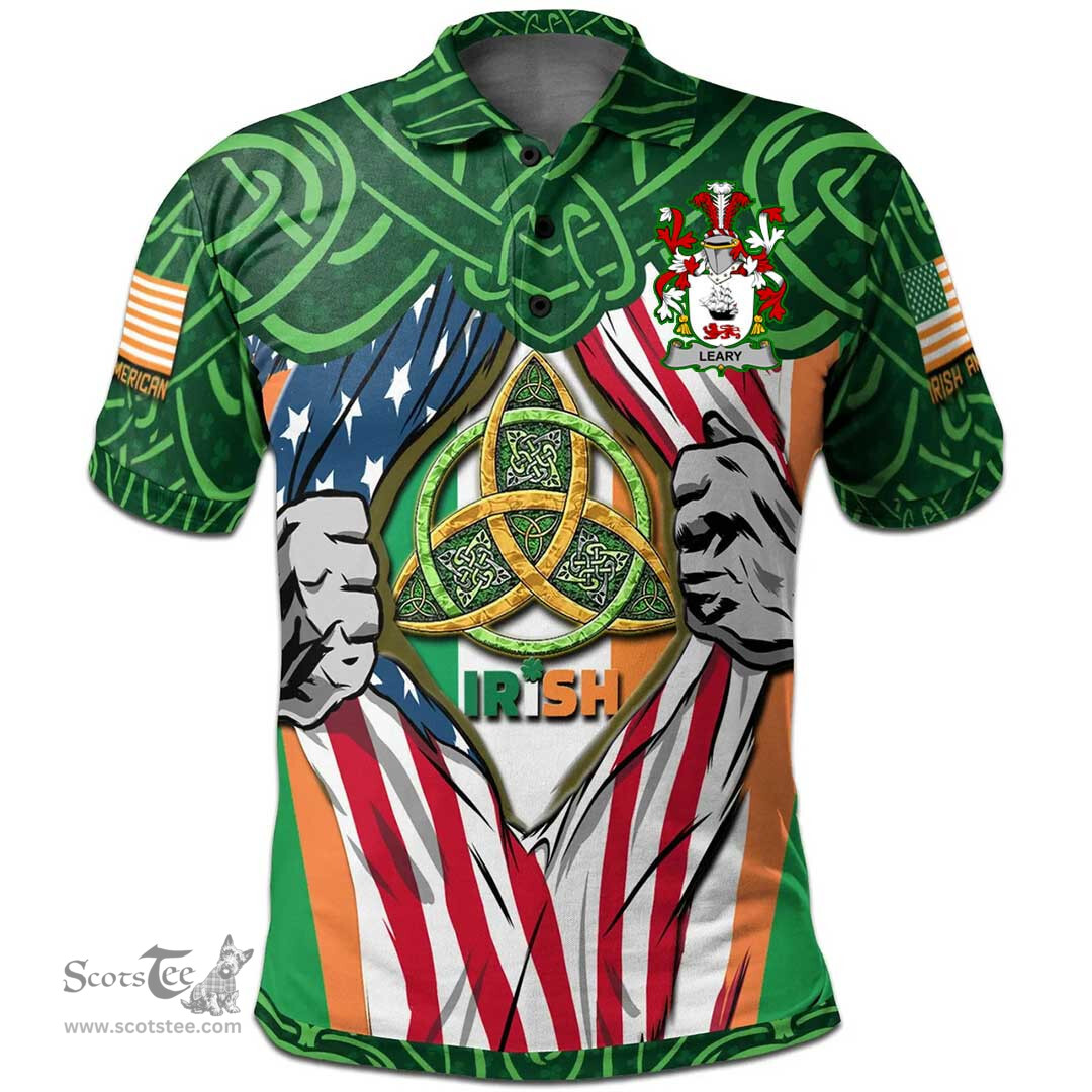 ScotsTee Shop Irish Leary or O'Leary Family Crest Irish American Flag Polo Shirt Irish Roots Polo Shirt