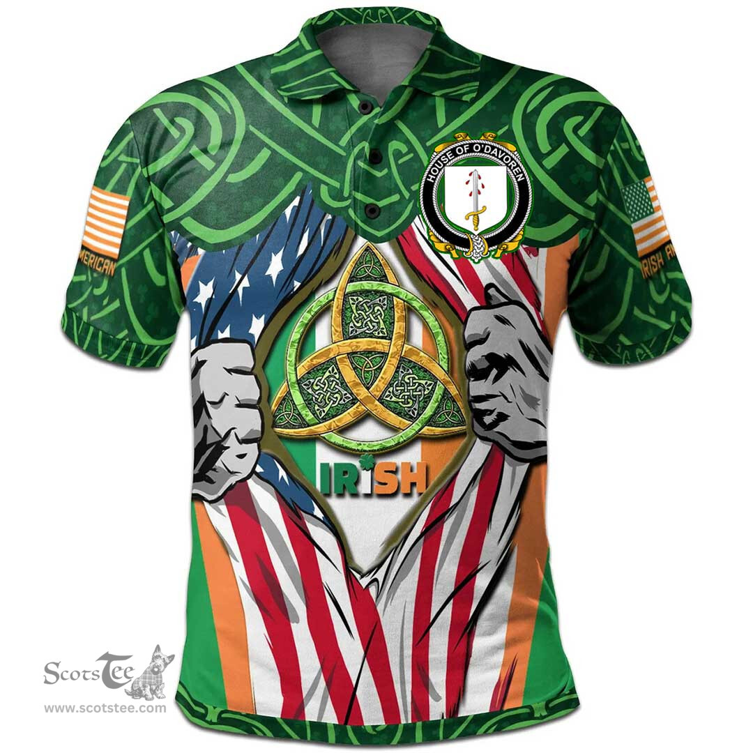 ScotsTee Shop Irish House of O'DAVOREN Family Crest Irish American Flag Polo Shirt Irish Roots Polo Shirt