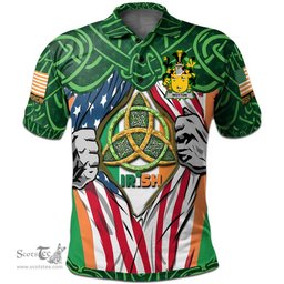 ScotsTee Shop Irish Wotton Family Crest Irish American Flag Polo Shirt Irish Roots Polo Shirt