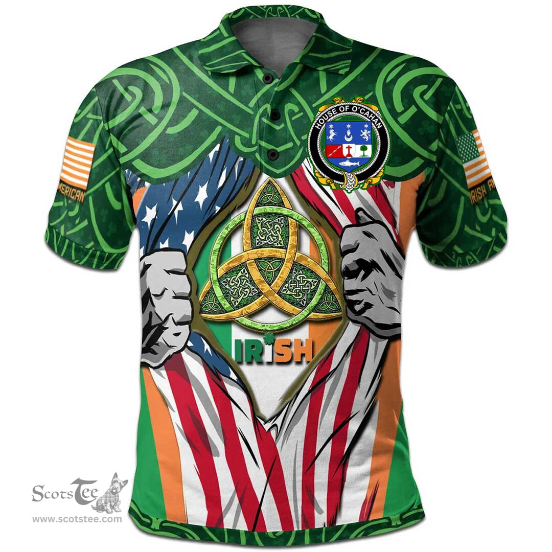 ScotsTee Shop Irish House of O'CAHAN (KEANE) Family Crest Irish American Flag Polo Shirt Irish Roots Polo Shirt
