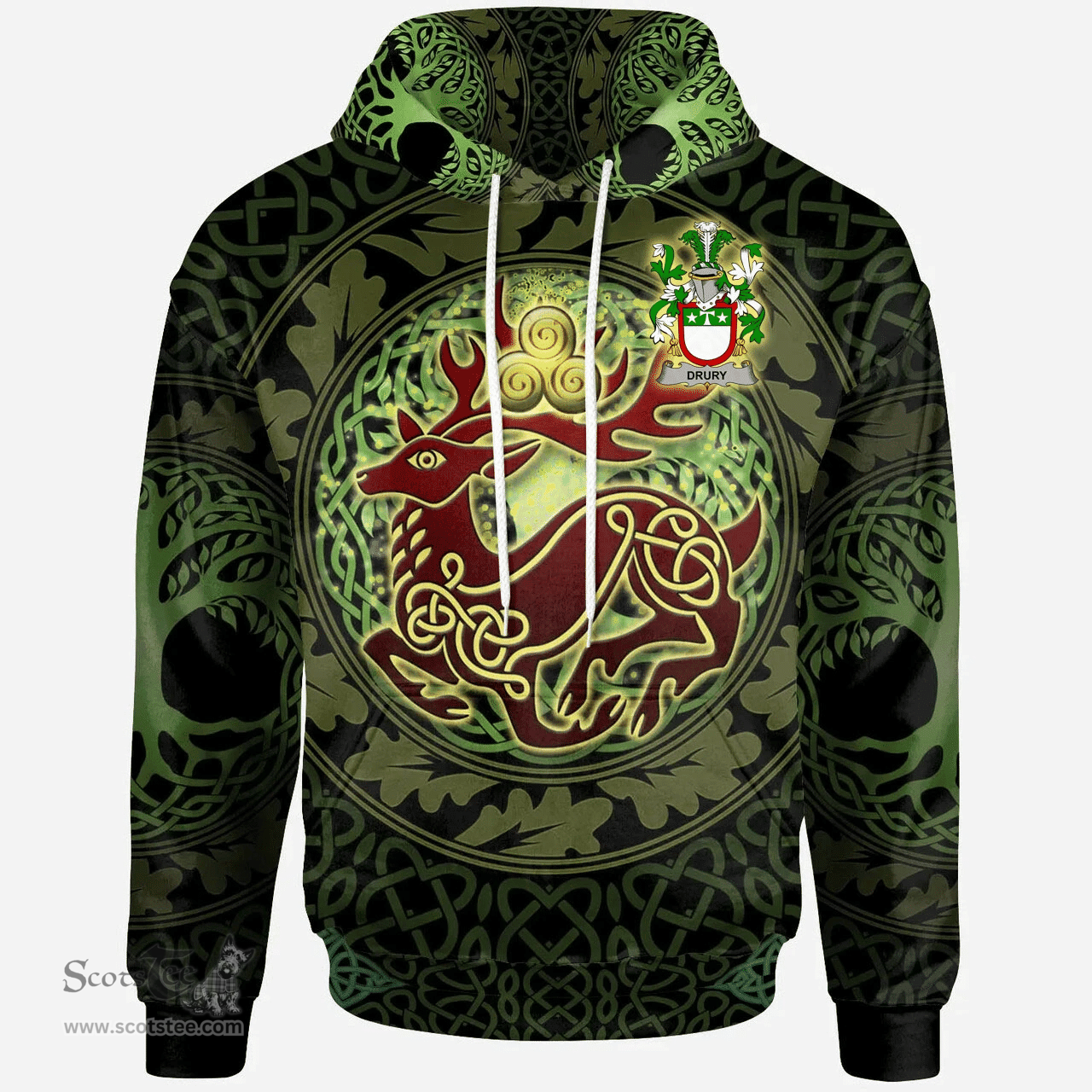 ScotsTee Shop Irish Drury or McDrury Coat of Arms Family Crest Ireland Hoodie The God of The Forest Hoodie