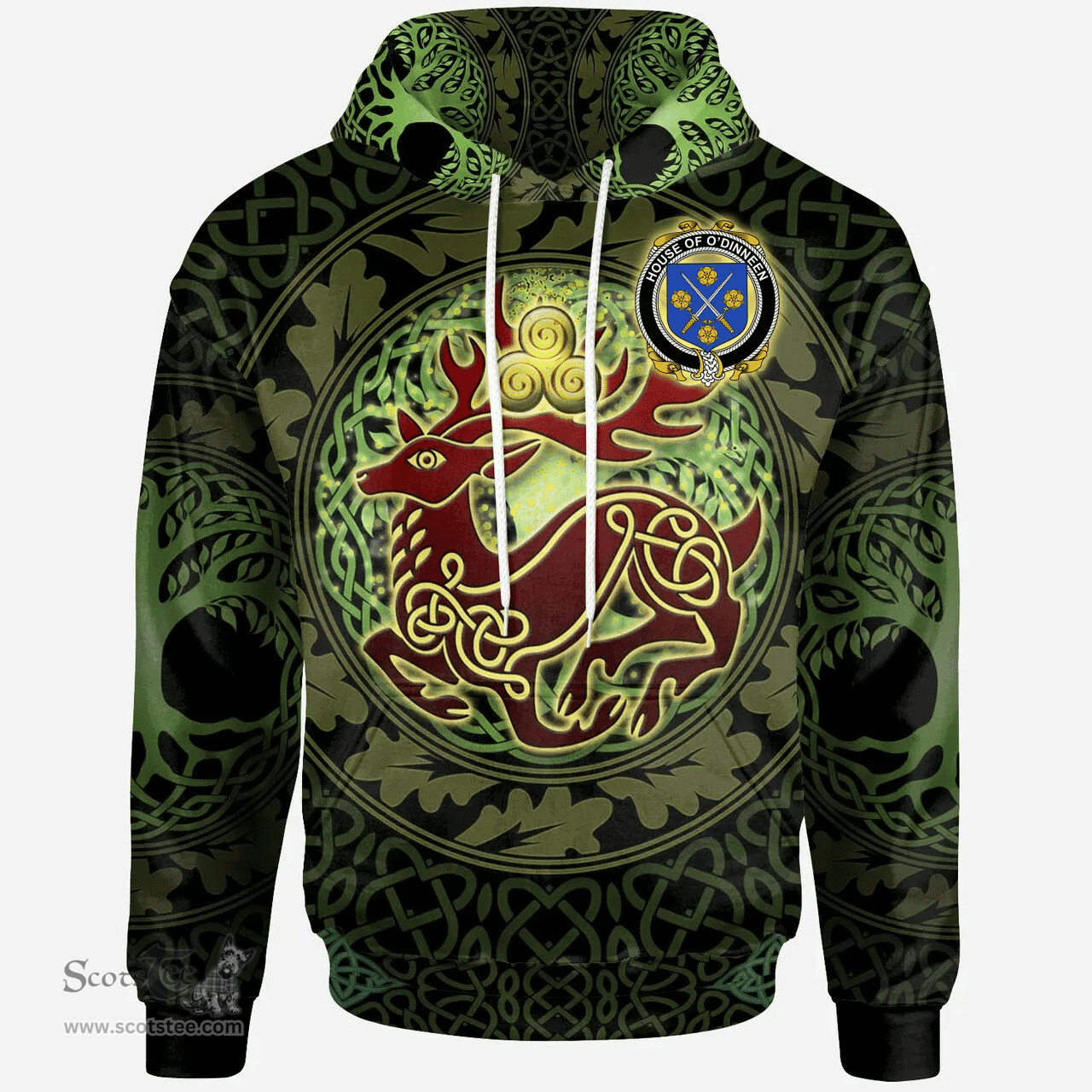 ScotsTee Shop Irish House of O'DINNEEN Coat of Arms Family Crest Ireland Hoodie The God of The Forest Hoodie