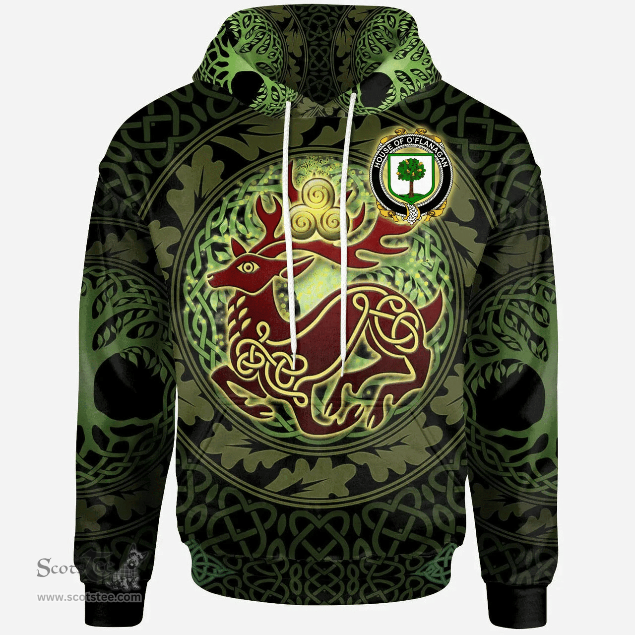 ScotsTee Shop Irish House of O'FLANAGAN Coat of Arms Family Crest Ireland Hoodie The God of The Forest Hoodie