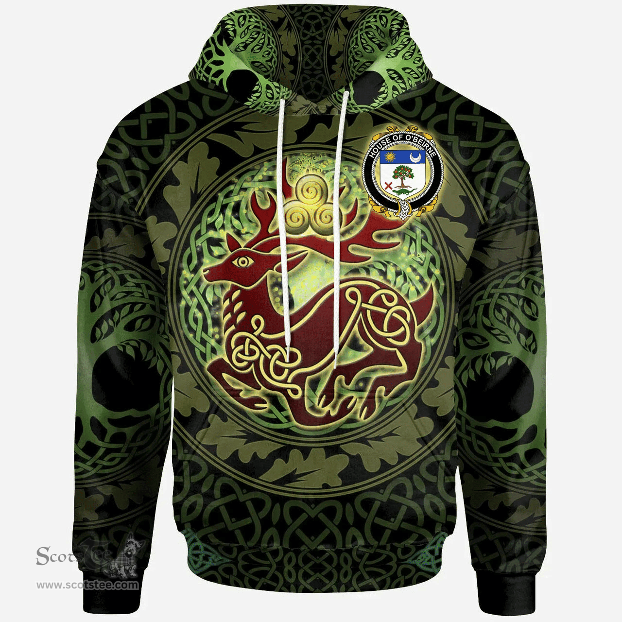 ScotsTee Shop Irish House of O'BEIRNE Coat of Arms Family Crest Ireland Hoodie The God of The Forest Hoodie