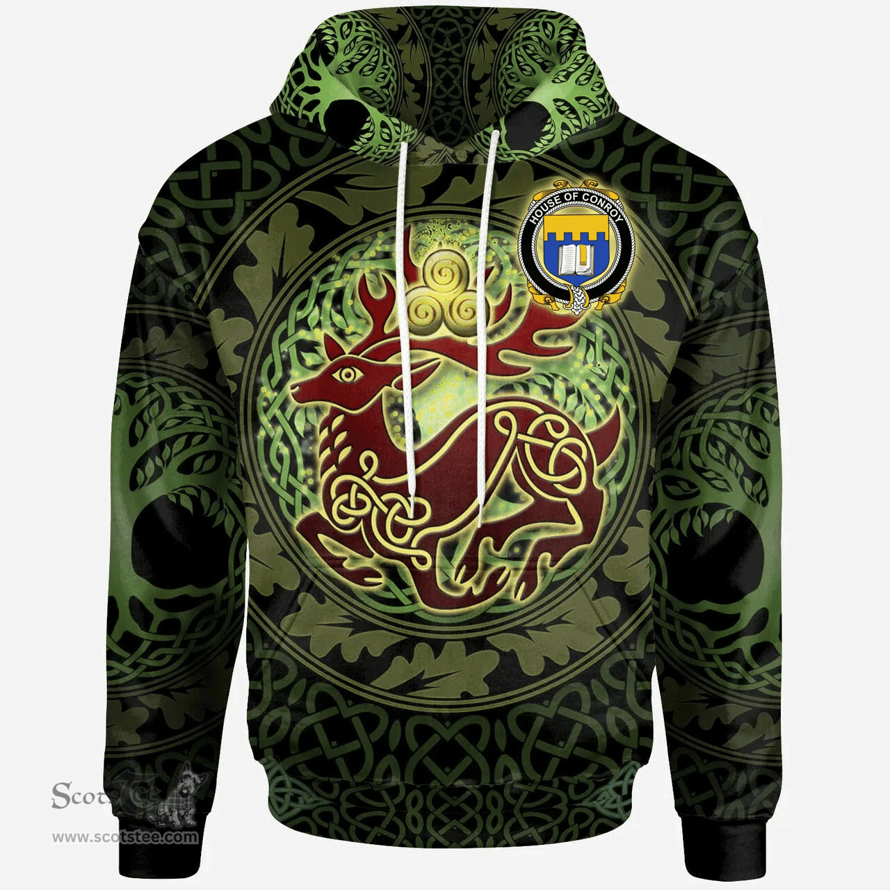 ScotsTee Shop Irish House of CONROY (O'MULCONRY) Coat of Arms Family Crest Ireland Hoodie The God of The Forest Hoodie