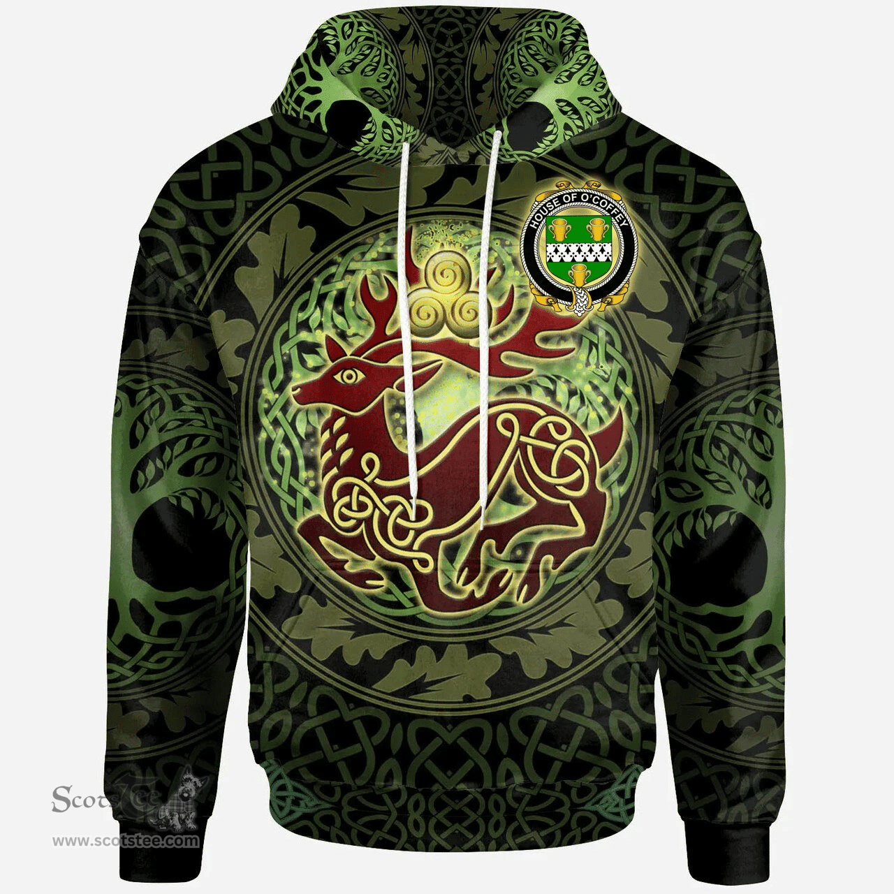 ScotsTee Shop Irish House of O'COFFEY Coat of Arms Family Crest Ireland Hoodie The God of The Forest Hoodie