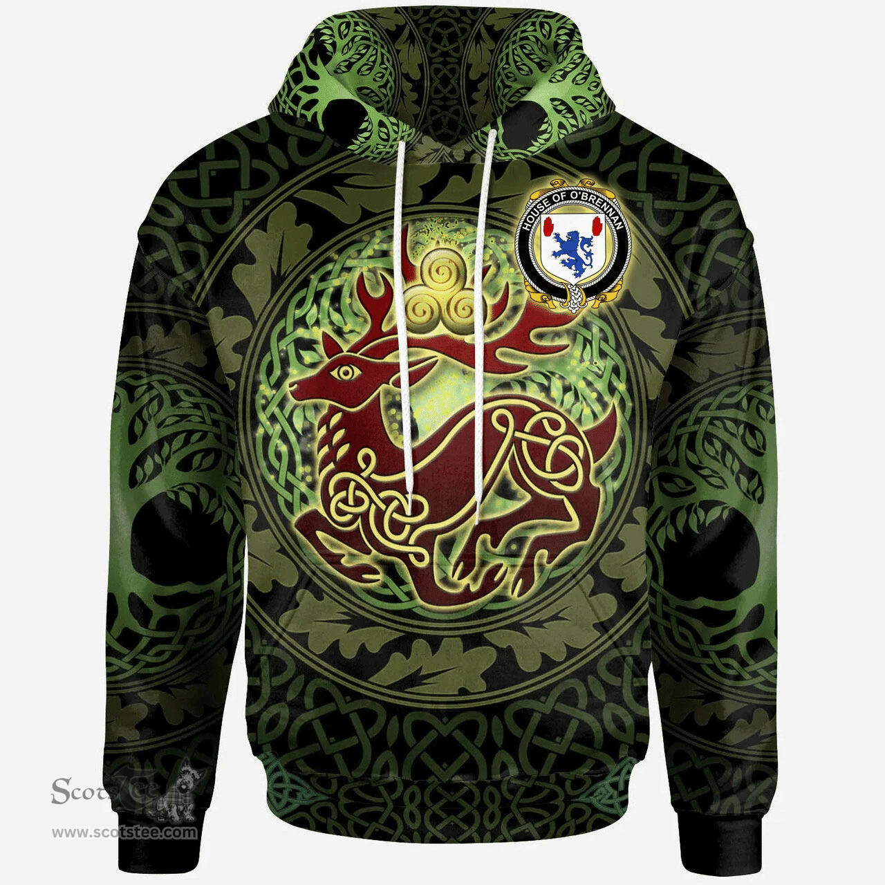 ScotsTee Shop Irish House of O'BRENNAN (Connacht) Coat of Arms Family Crest Ireland Hoodie The God of The Forest Hoodie