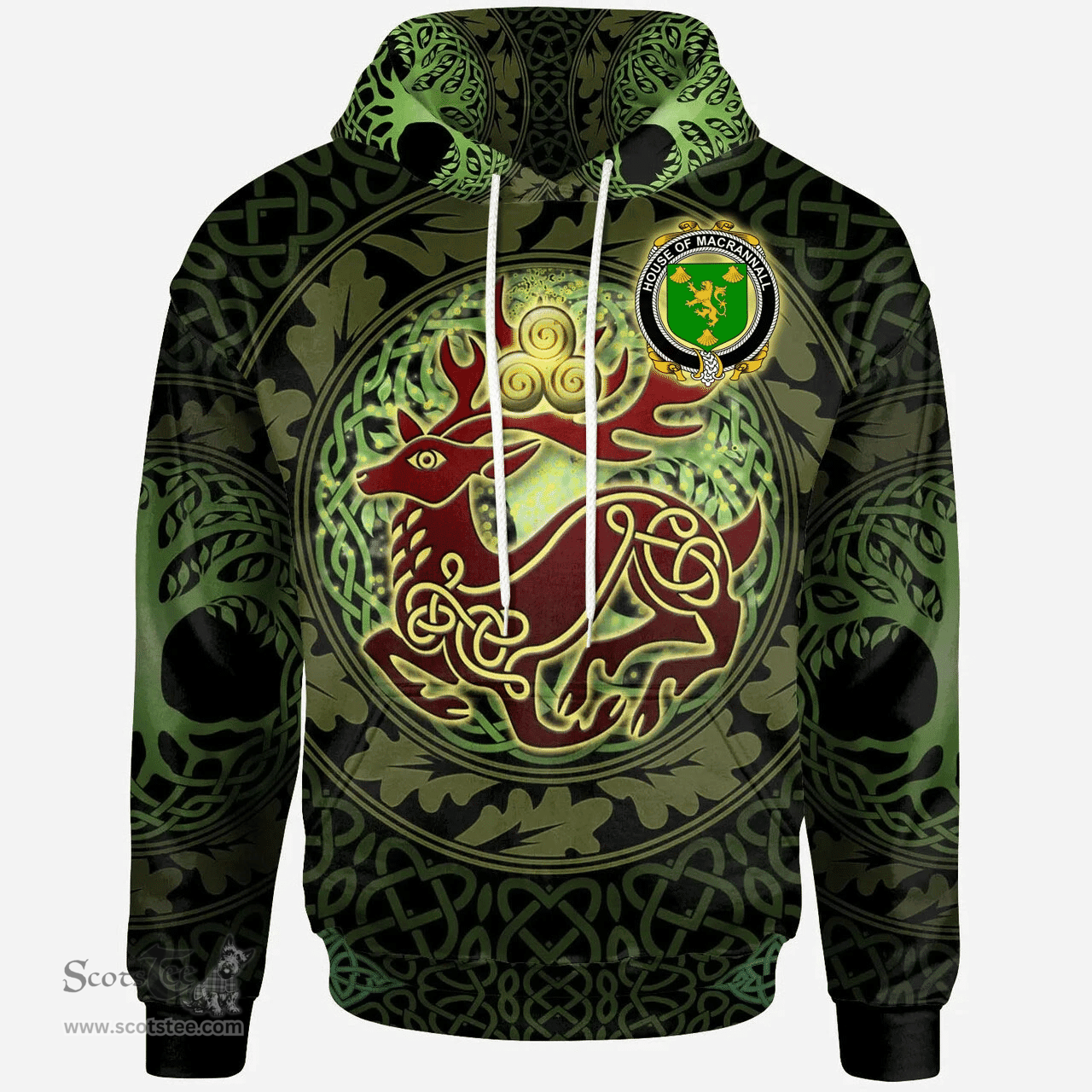 ScotsTee Shop Irish House of MACRANNALL (REYNOLDS) Coat of Arms Family Crest Ireland Hoodie The God of The Forest Hoodie
