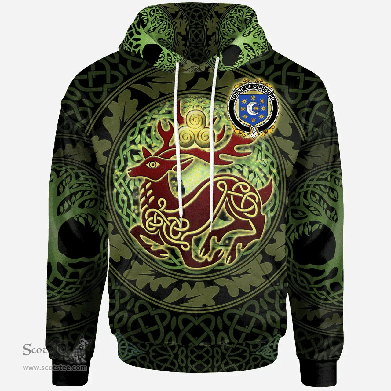 ScotsTee Shop Irish House of O'DUGGAN Coat of Arms Family Crest Ireland Hoodie The God of The Forest Hoodie