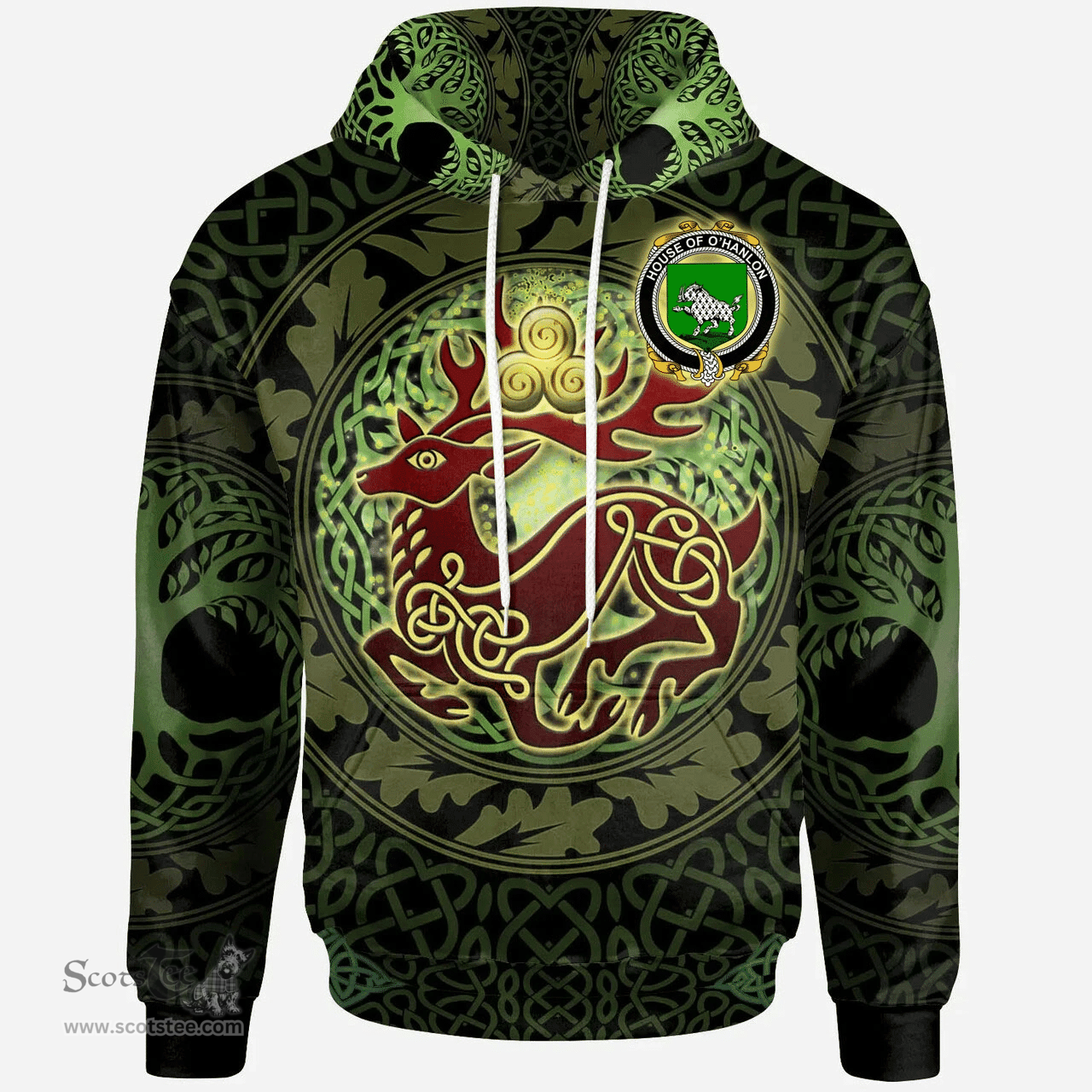 ScotsTee Shop Irish House of O'HANLON Coat of Arms Family Crest Ireland Hoodie The God of The Forest Hoodie