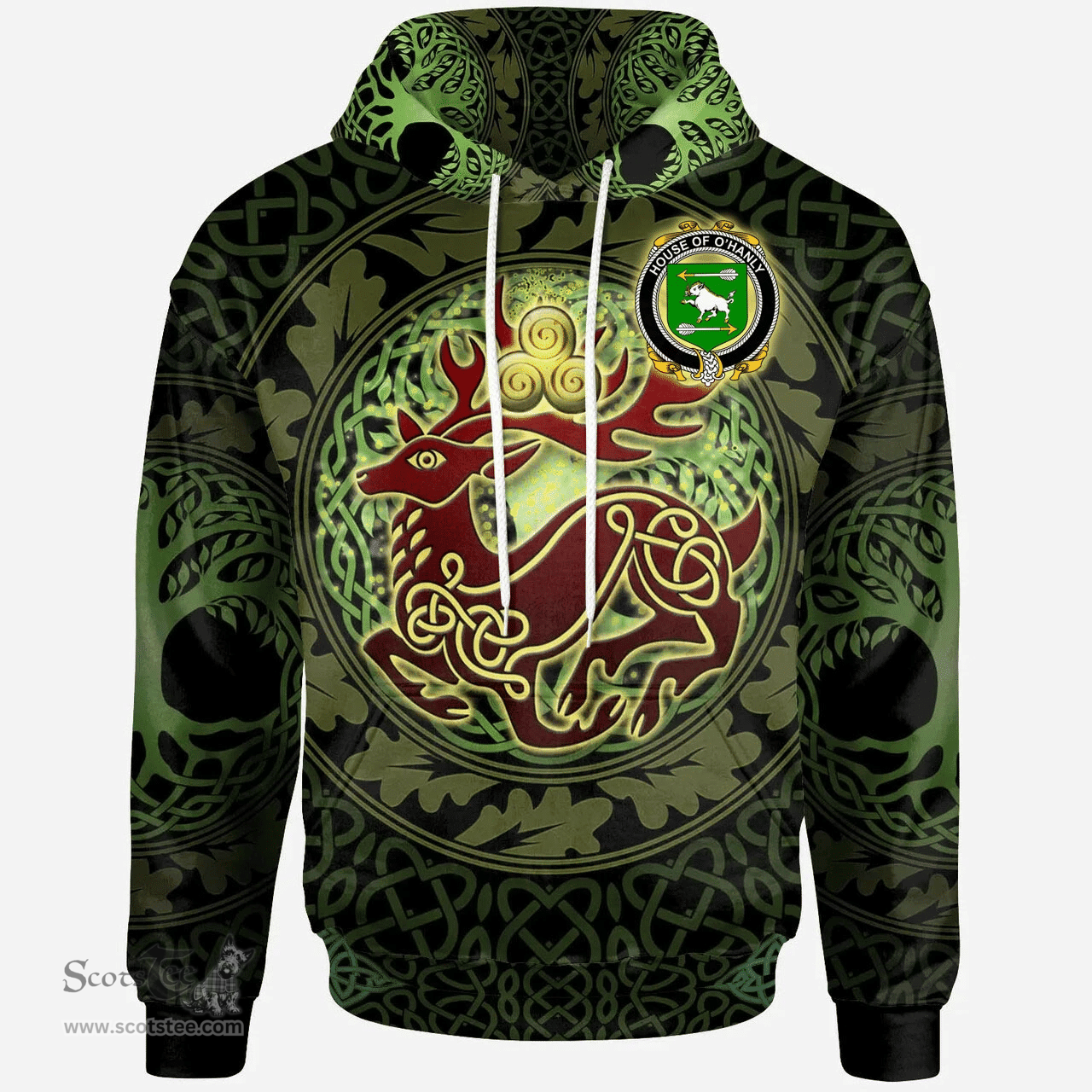 ScotsTee Shop Irish House of O'HANLY Coat of Arms Family Crest Ireland Hoodie The God of The Forest Hoodie